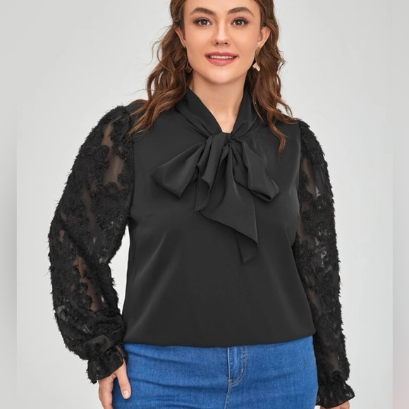 Fuzzy flounce sleeve tie neck blouse - Picture 2 of 8